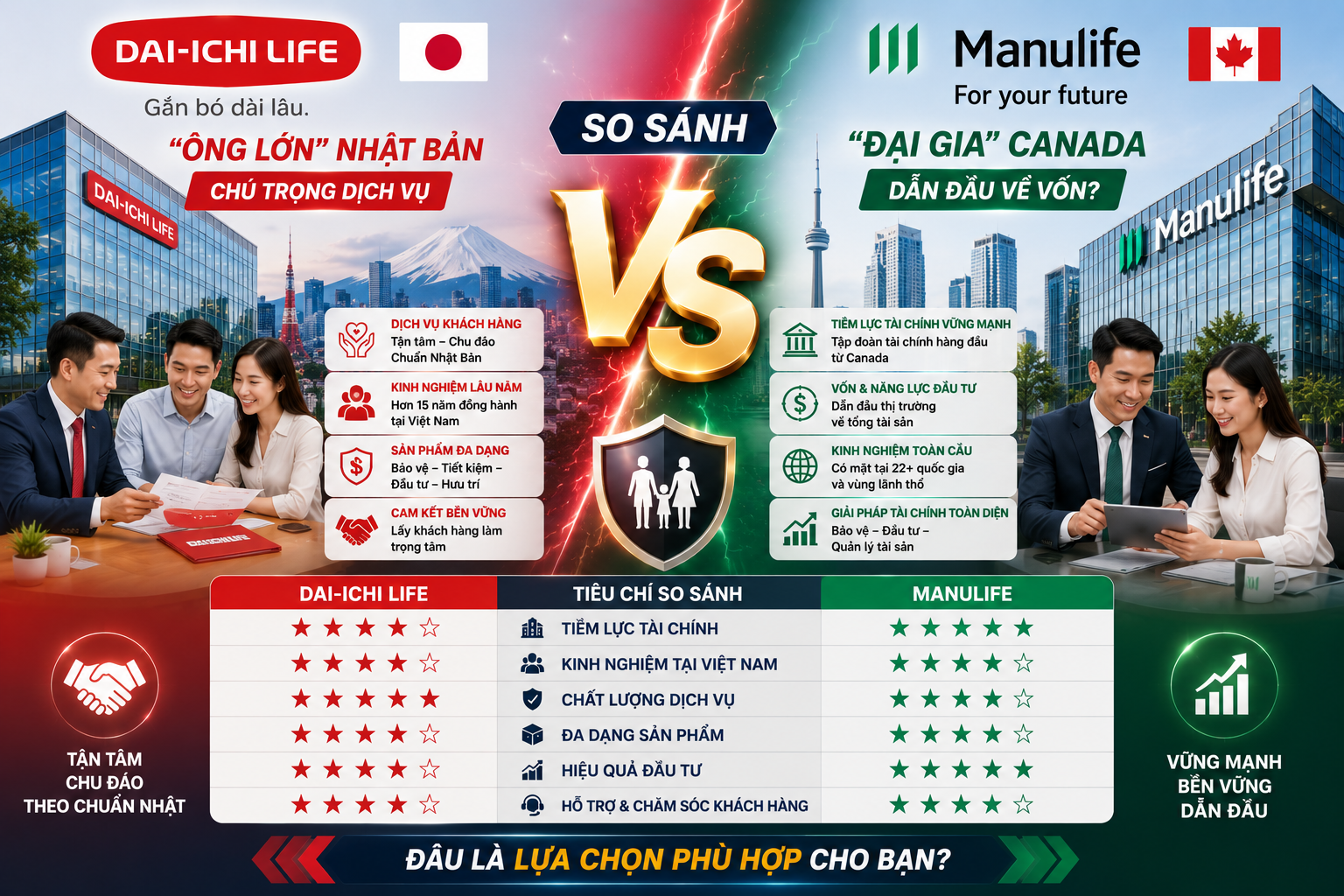 So Sánh Dai-ichi Life vs Manulife: Nên Chọn Bảo Hiểm Nhật Bản Nhân Văn Hay "Ông Lớn" Canada Vốn Khủng?