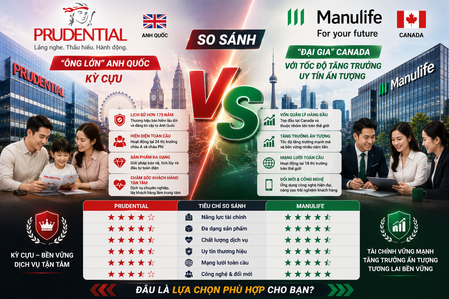 So Sánh Prudential vs Manulife: Nên Chọn Bảo Hiểm Anh Quốc Kỳ Cựu Hay "Đại Gia" Canada?