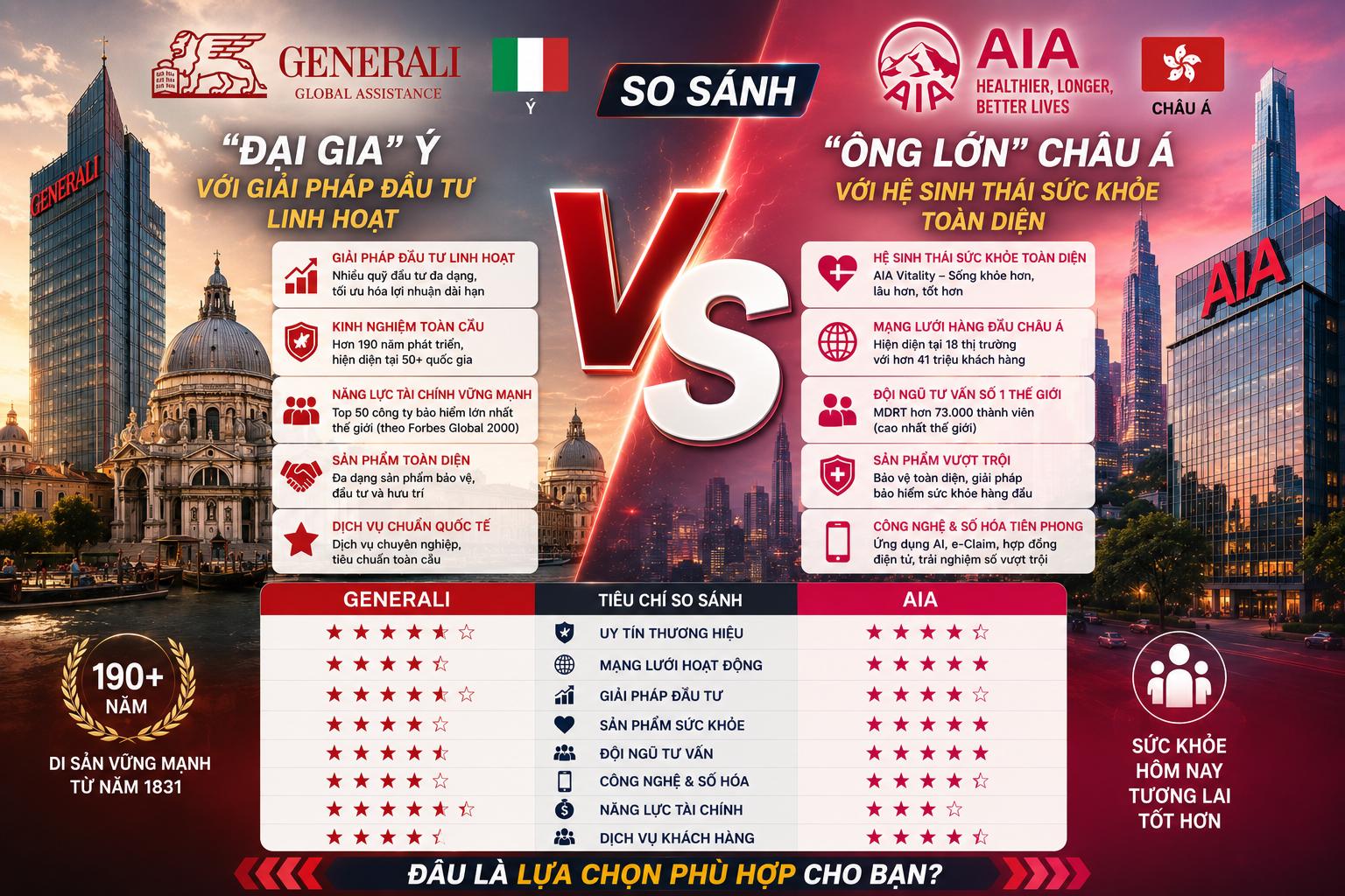 So Sánh Generali vs AIA: Nên Chọn Bảo Hiểm Ý Hay "Ông Lớn" Châu Á?